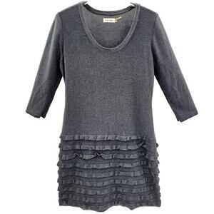 Calvin Klein Gray Knit Whimsy Goth Ruffle Skirt Midi Bodycon‎ Sweater Dress